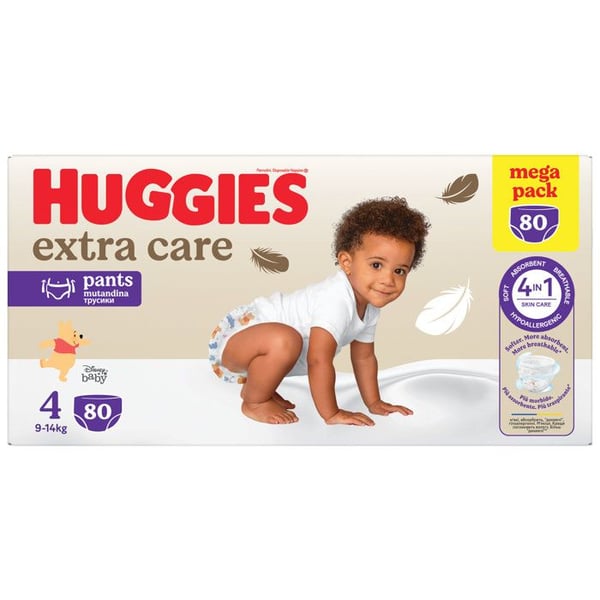 Huggies - Babybyxor Extra Care - Storlek 4 (9-14 kg) - 80 stycken - Megapack - Hypoallergena, mjuka och andningsbara
