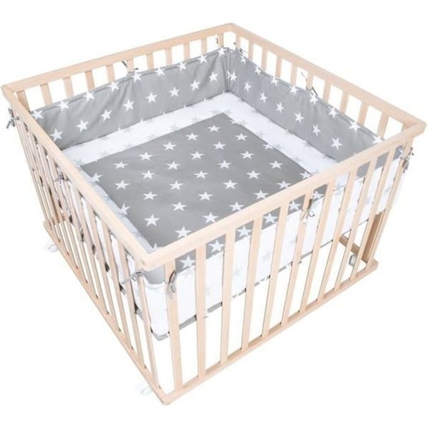 ROBA Parker Baby 100 x 100 cm Mobil i Massiv Ekologisk Trä + Grå Stjärna Parkeringskant - Justerbar Höjd - Naturlig