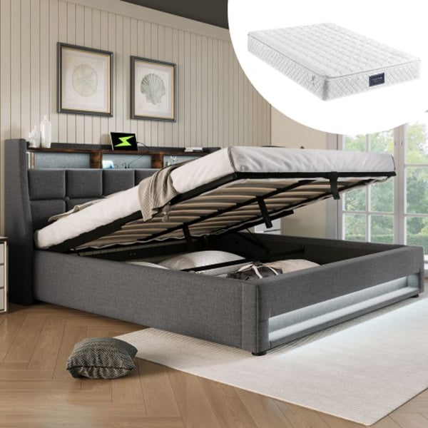 Dobbelt seng - MUVOE - 140x200cm - Polstret med USB - LED-belysning - Vintage design