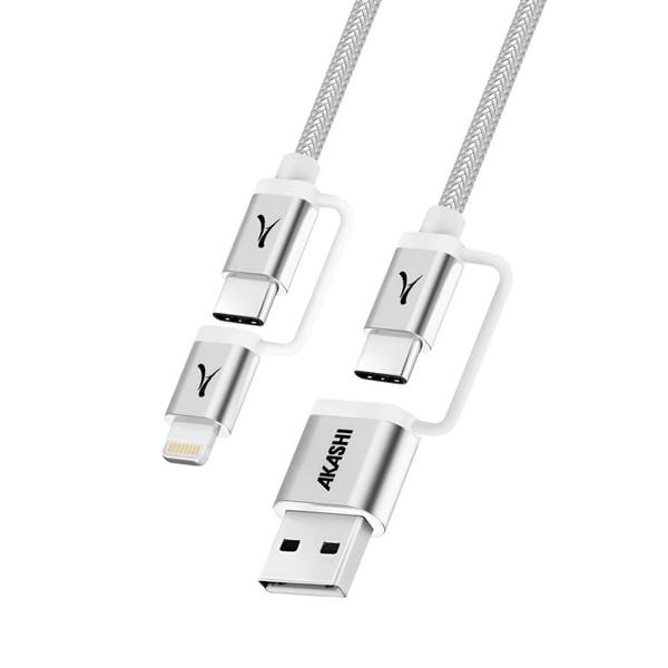 Kabel 4 i 1 USB-C + Lightning Kompatibel med Apple CarPlay Android Auto Akashi Grå