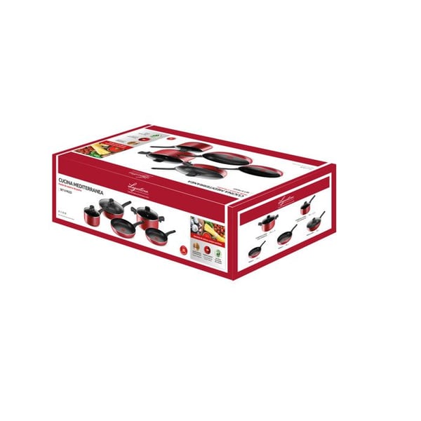 Lagostina Cucina Mediterranea - 8-osainen punainen alumiinisetti (kattila 18 cm, paistinpannut 24/28 cm)