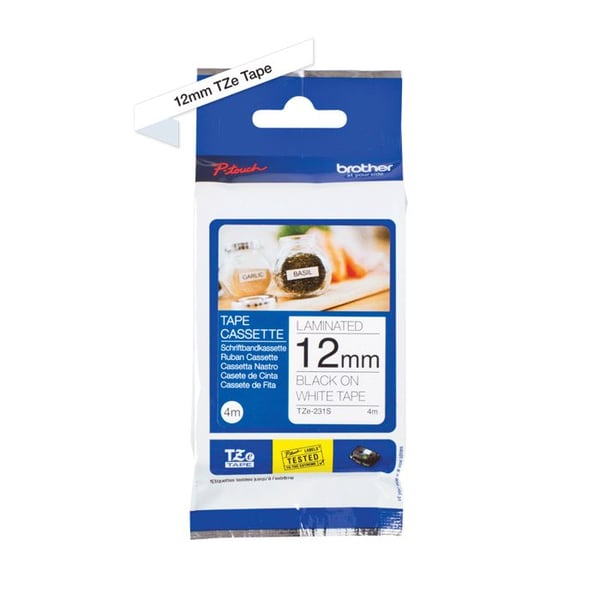 Laminatbånd 12 mm sort/hvid - Brother - TZE-231S (LAM.) - 4 m - Vand-/kemikaliebestandig