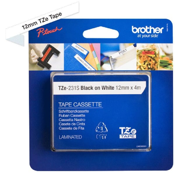 Laminatbånd 12 mm sort/hvid - Brother - TZE-231S (LAM.) - 4 m - Vand-/kemikaliebestandig