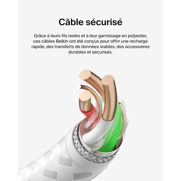 Flettet kabel - BELKIN - USB-C til USB-A - 2 m - Hvid
