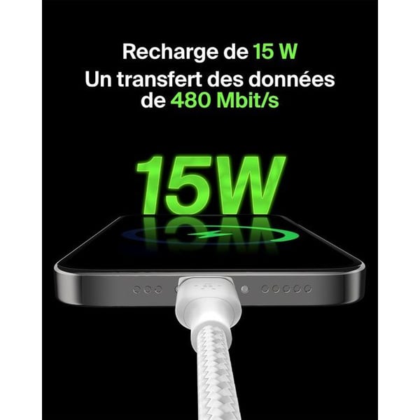 Flettet kabel - BELKIN - USB-C til USB-A - 2 m - Hvid