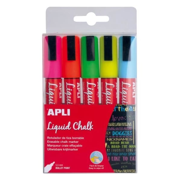 Vattenlöslig flytande krita - APLI - Förpackning med 5 - Rund spets 5,5 mm - Vattenlöslig - Blandade färger