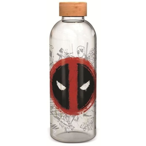 STOR - Deadpool - Bred flaska - Glas med silikonhylsa - Återanvändbar - 1030 ml