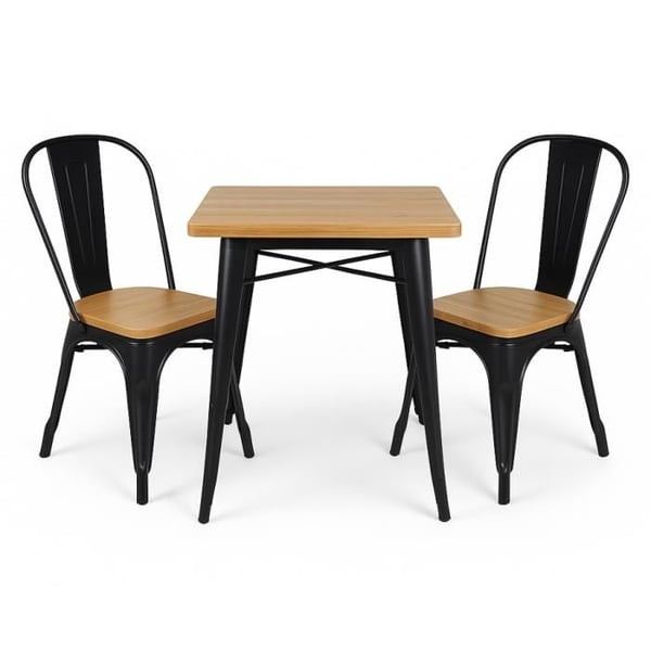 Ensemble bord och stolar i industriell stil, mattsvart metall och naturligt ljust trä, 60x60cm - Design Factory