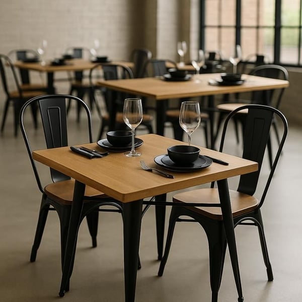 Ensemble bord och stolar i industriell stil, mattsvart metall och naturligt ljust trä, 60x60cm - Design Factory