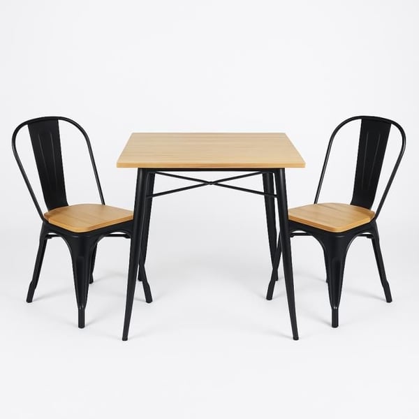 Ensemble bord och stolar i industriell stil, mattsvart metall och naturligt ljust trä, 60x60cm - Design Factory