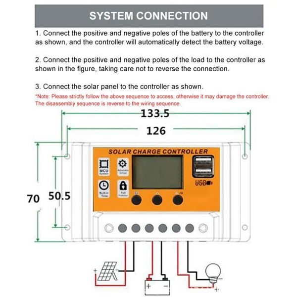MPPT PWM Ladecontroller - 100A - 12V-24V - USB-port - Batteriregulator