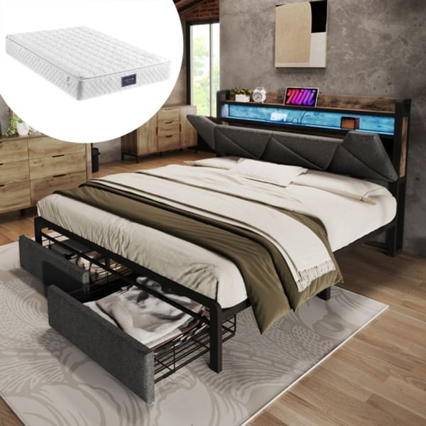 Sengegavl med indbygget funktion - MUVOE - 140x200 - USB Type C - LED-belysning - Opbevaringsskuffer