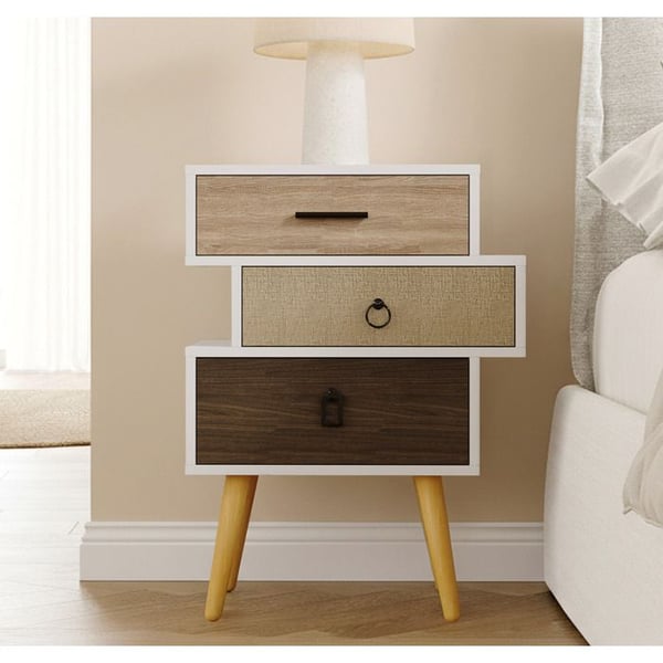 DESIGN AMEUBLEMENT - Skandinavisk sängbord - 3 lådor multifärgad - Vit melamin - Träben - L 52 x D 29,5 x H 68 cm