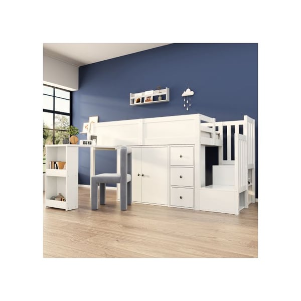 Lit mezzanine til børn - MUVOE - 90x200 - Skydeskrivebord - Indbyggede opbevaringer - Hvid