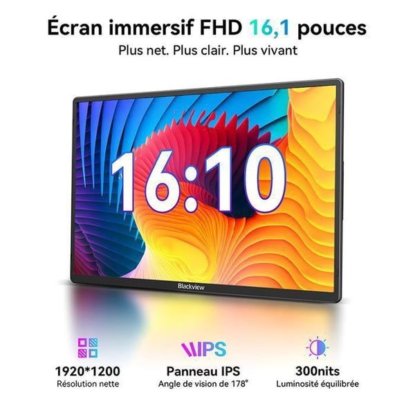 Blackview Table 9 Bærbar Skærm 16 Tommer FHD+ IPS 1920×1200 USB-C/HDMI, 360° Rotation, til Bærbar Computer, Plug and Play