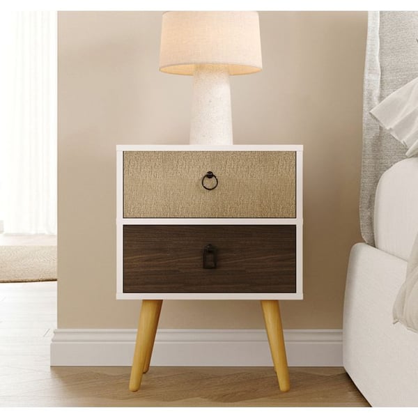 DESIGN AMEUBLEMENT - Skandinavisk sängbord - 2 multifärgade lådor - Melamin, ben i trä - B45 x D29,5 x H52,5 cm