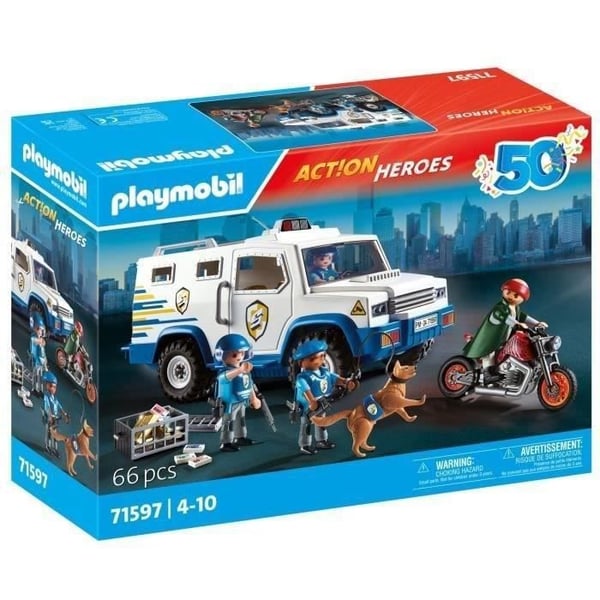 PLAYMOBIL 71597 Panservogn med pengetransportører, Action Heroes, Politimænd, 84 stykker, fra 4 år og opefter