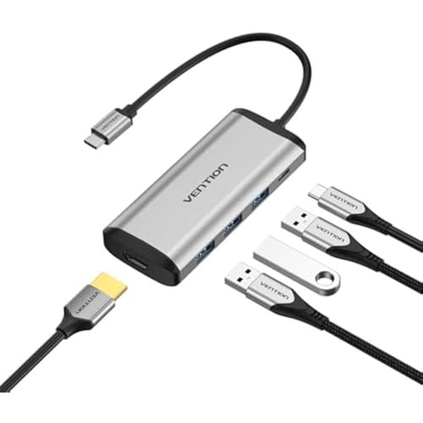 Station för dockning - VENTION - Typ C - HDMI - 3 portar USB 3.0 - 0,15 m PD - Grå metallisk