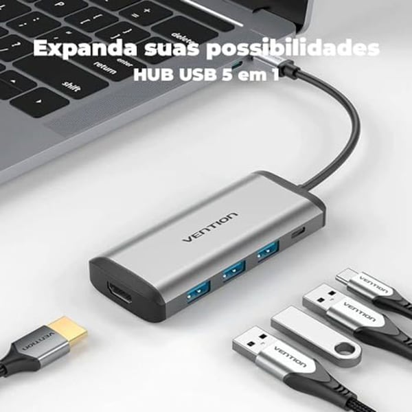 Station för dockning - VENTION - Typ C - HDMI - 3 portar USB 3.0 - 0,15 m PD - Grå metallisk