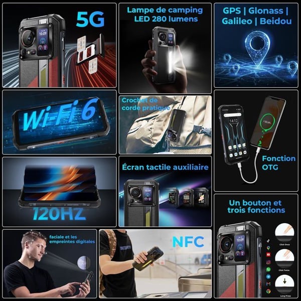 HOTWAV Hyper 7 Pro 5G Mobiltelefon Stöttålig 36Go+256Go Robust Smartphone 10800mAh 200MP 120Hz 6.6"FHD+ NFC Android14, Röd