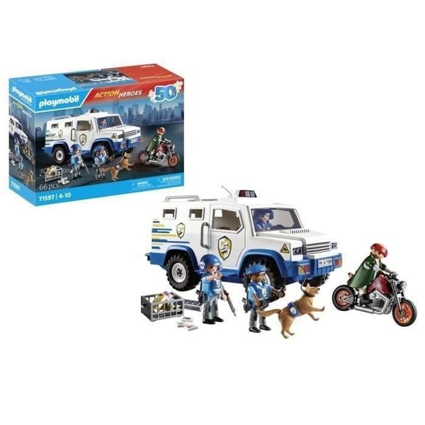PLAYMOBIL 71597 Panservogn med pengetransportører, Action Heroes, Politimænd, 84 stykker, fra 4 år og opefter