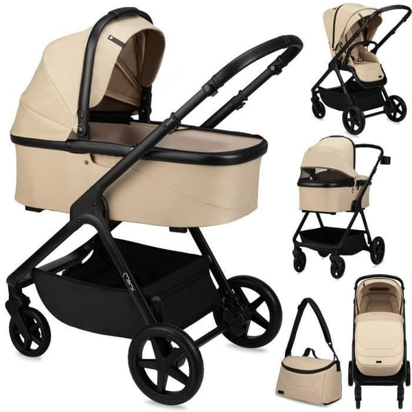 MoMi GISELLE - Kombinerad barnvagn 2i1 - Liggdel & vändbar barnvagn - Upp till 22 kg - Tillbehör + skötväska - Beige