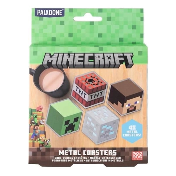 Set med 4 underlägg i metall Minecraft - Paladone - Steve, Creeper, Diamantmalm, TNT-block