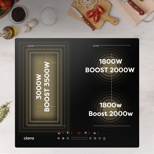 CIARRA Induktionshäll 4 zoner 2 modulförstärkare 7200W Barnsäkerhetstimer 59cm Sensitive Touch Svart glas