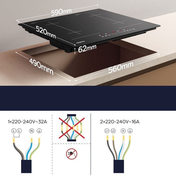 CIARRA Induktionshäll 4 zoner 2 modulförstärkare 7200W Barnsäkerhetstimer 59cm Sensitive Touch Svart glas
