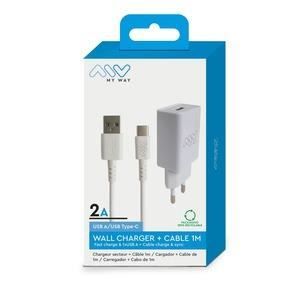 Pack Laddare Vägg - MYWAY - 12W - USB-A till USB-C Kabel - Vit - 100-240V AC