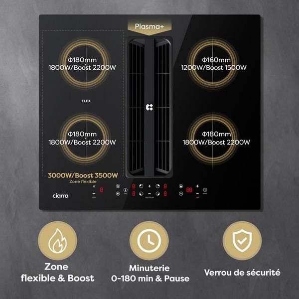 Ciarra Plaque Induction Aspirante 59 cm med Plasmafilter 500 m3/h 4 Zoner 7000 W Booster Timer Flexizone 5 Hastigheter