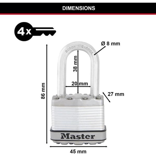 Högsäkerhetshänglås - MASTER LOCK - M1EURDLFCC - Nyckel - Laminerat stål - Exteriör - Shackle M