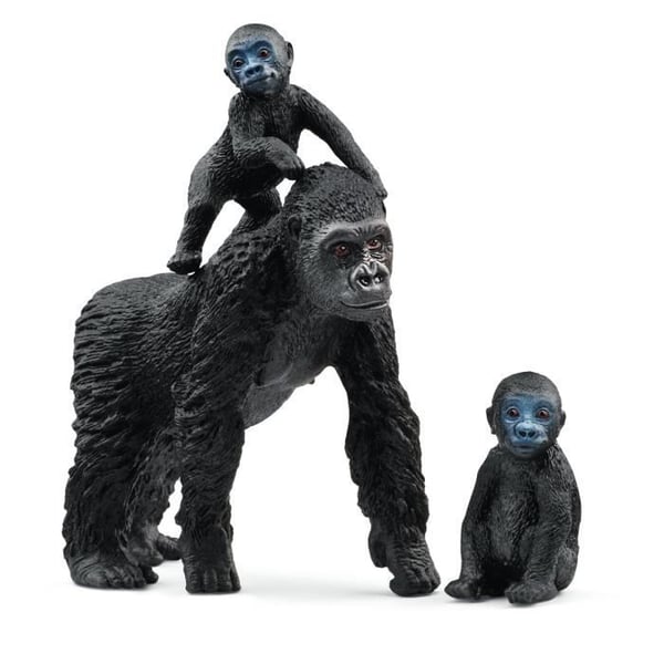 Lowland Gorilla familie figur, med 1 mor gorilla og hendes 2 babyer, til børn fra 3 år og opefter - Schleich 42601 Vildt liv