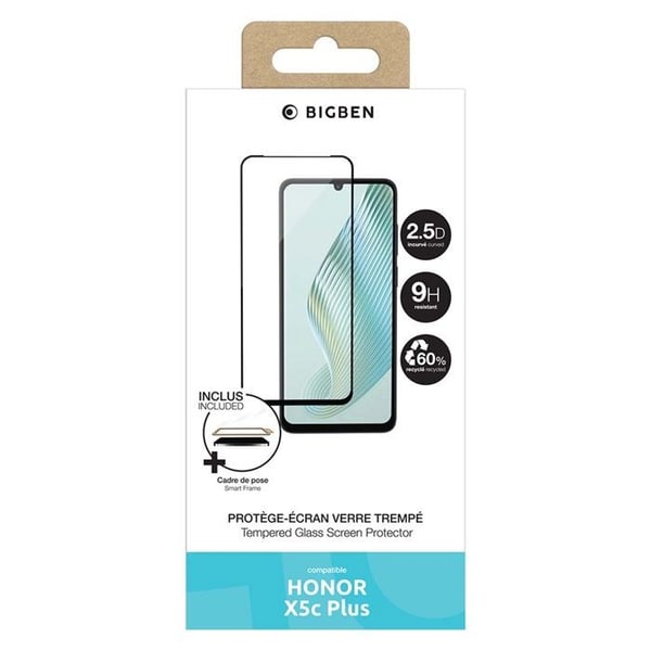 Skärmskydd i härdat glas - BIGBEN - Honor X5C Plus - Hårdhet 9H - SmartFrame installationsguide - 2.5D oljefobiskt glas