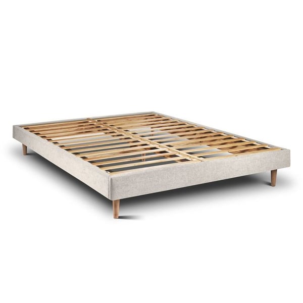 Sommier Kit Tyg Beig Ljus 150x200 H29cm Blysömn - Sommier i Massivt Trä med Ben i Trä Kottar 15 cm