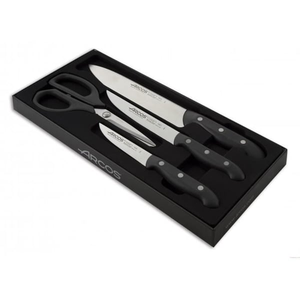 Kniv- och saxset - ARCOS - MAITRE - NITRUM rostfri blad - Svart PP-handtag med nitar - 3 knivar + sax