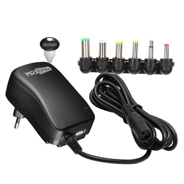 Laddare 30W Justerbar Spänning 3-12V med USB och 6 Ingående Kontakter Max excell Svart