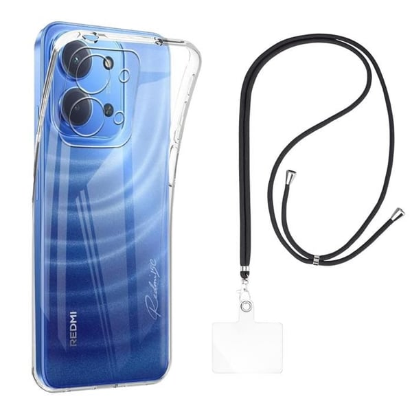 Skal och nackband för Xiaomi Redmi 15C 4G - Transparent mjuk TPU-skydd med justerbar universell snodd svart Phonillico®