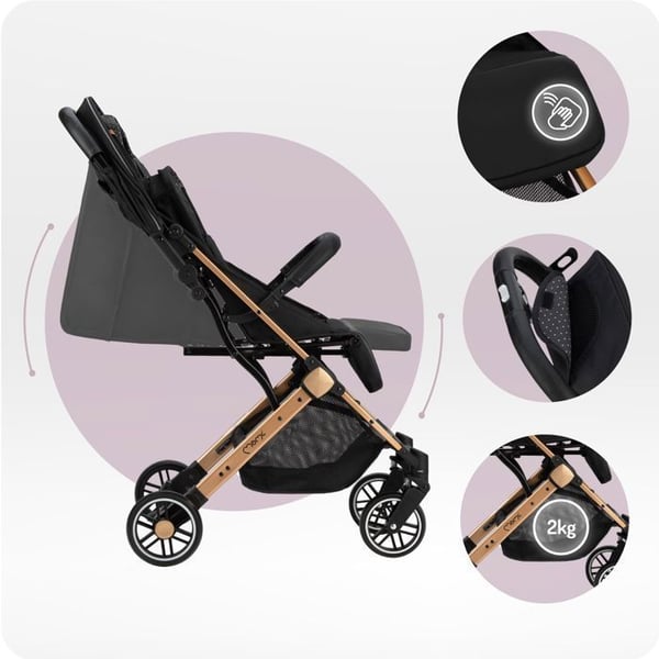 MoMi ESTELLE – Ultra Kompakt Barnvagn – Lätt 7,7 kg – Fällning med en hand – Resvagnshandtag – Svart