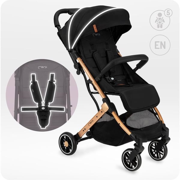 MoMi ESTELLE – Ultra Kompakt Barnvagn – Lätt 7,7 kg – Fällning med en hand – Resvagnshandtag – Svart