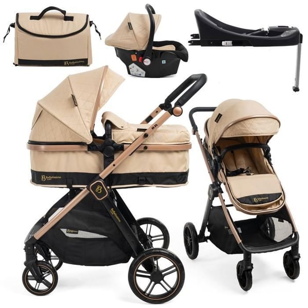 BEBELISSIMO - Kombinerad tre-i-ett barnvagn - bilbarnstol 0+ IRIS – liggdel – Isofix-bas - stödfot – upp till 22kg - beige