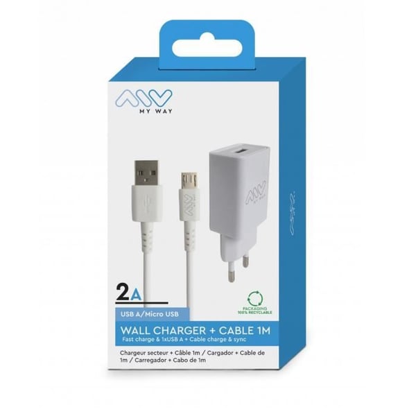 2A nätladdare + 1m vit Micro USB-A-kabel - MYWAY