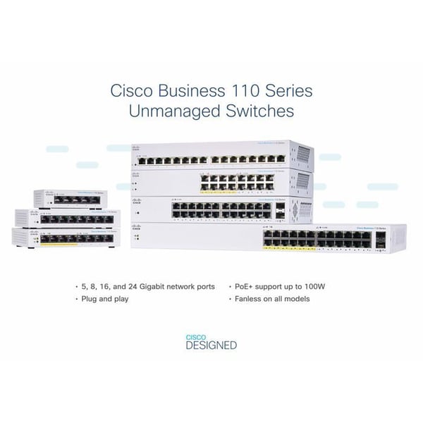 Cisco® Business CBS110-5T-D Ikke-administrerbar switch | 5 porte GE | Kontor | Ekstern strømforsyning | Livslang begrænset garanti
