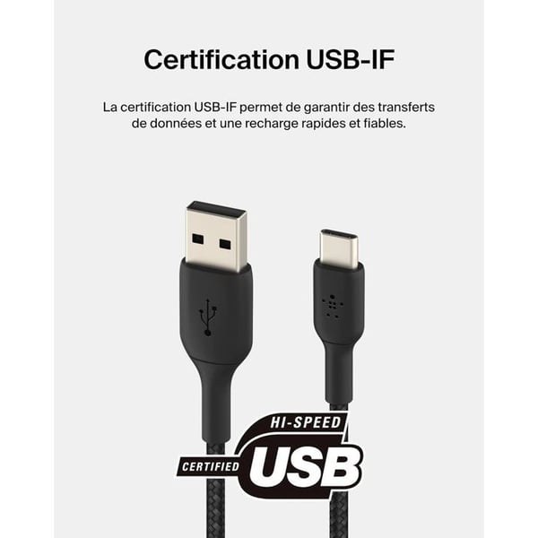 Flettet kabel - BELKIN - USB-A til USB-C - 3 m - Sort