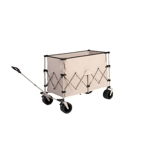 Fleksibel sammenklappelig havevogn, udstyret med store terrængående hjul, der er velegnede til sandede overflader. Farve beige.