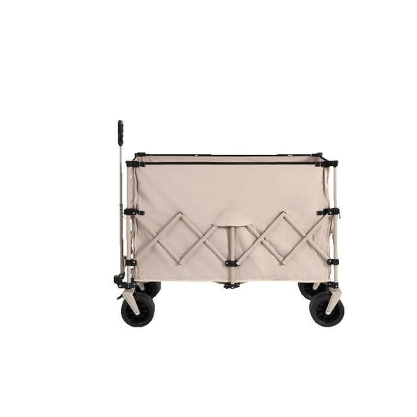 Fleksibel sammenklappelig havevogn, udstyret med store terrængående hjul, der er velegnede til sandede overflader. Farve beige.