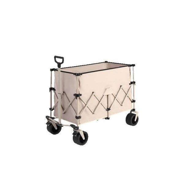 Fleksibel sammenklappelig havevogn, udstyret med store terrængående hjul, der er velegnede til sandede overflader. Farve beige.