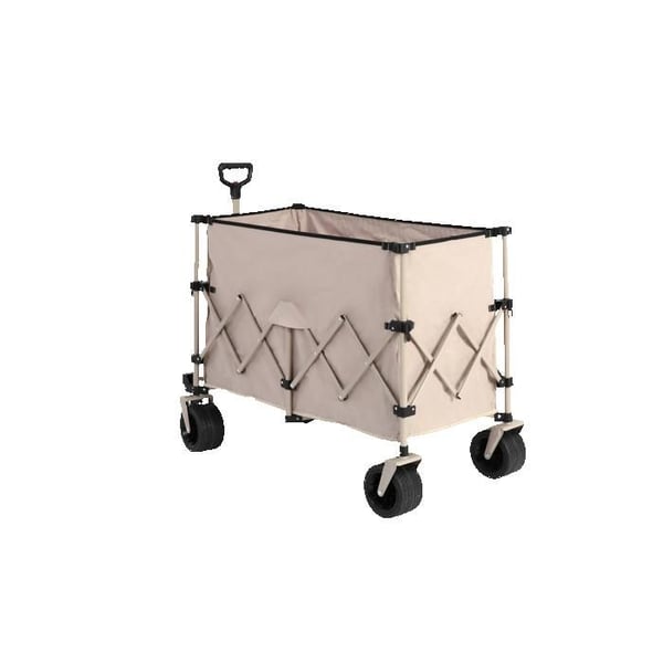 Fleksibel sammenklappelig havevogn, udstyret med store terrængående hjul, der er velegnede til sandede overflader. Farve beige.
