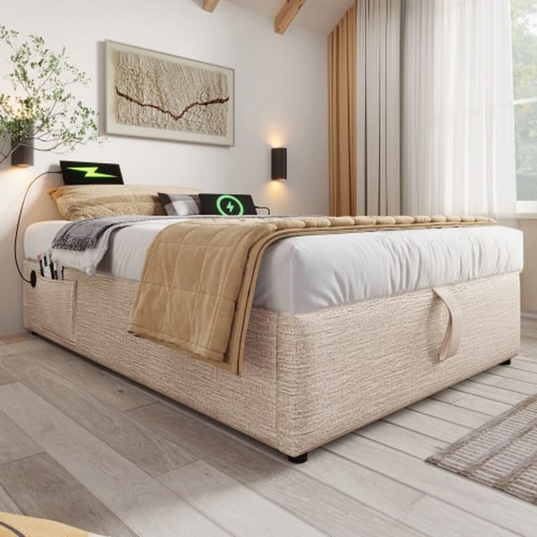 Seng 90x200 cm - MUVOE - Polstret - USB-C - Linned - Massivt træ