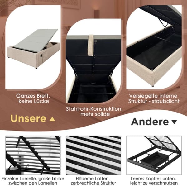 Seng 90x200 cm - MUVOE - Polstret - USB-C - Linned - Massivt træ